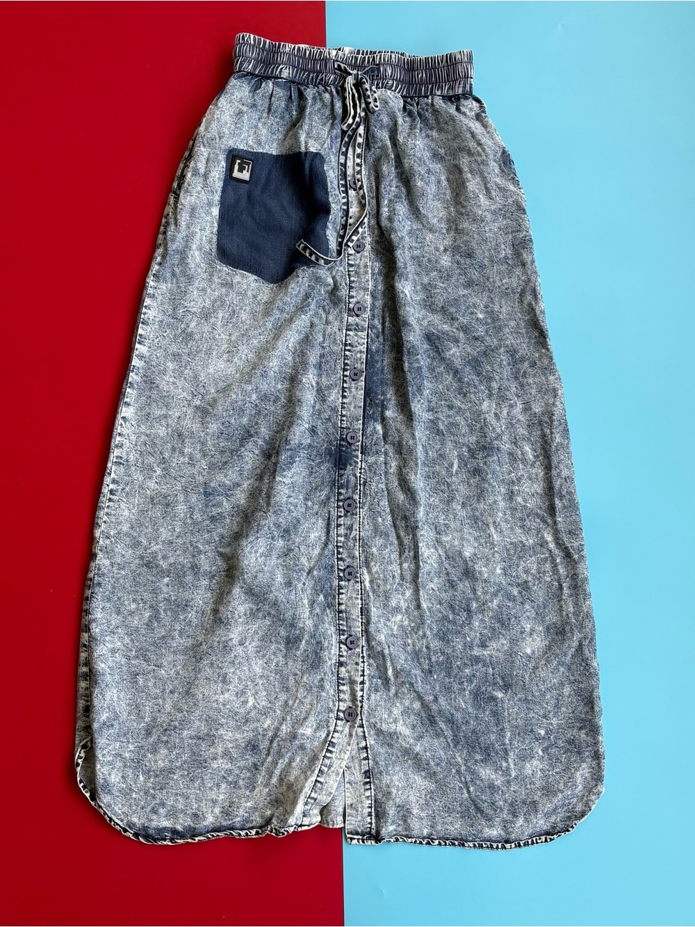 Teen Space Maxi Skirt XS Acid Wash Denim Look Button Front Drawstring 90s